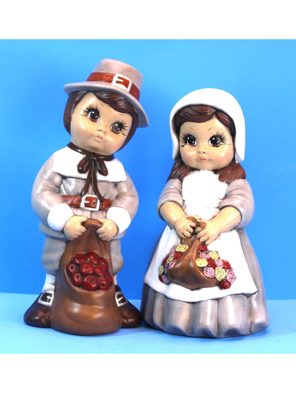 Vtg Hand Painted Pilgrim Boy & Girl 11" Figurines Thanksgiving Fall Dated 1987